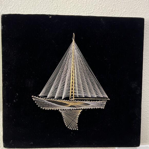 VTG Mid Century 3D String Art Nail Sail Boat Ship Wall Wood Frame 15x14” Velvet - Picture 1 of 16